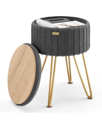 Pleated Velvet Round Ottoman with Storage – Modern Foot Stool, Makeup Vanity Stool, Small Ottoman Foot Rest