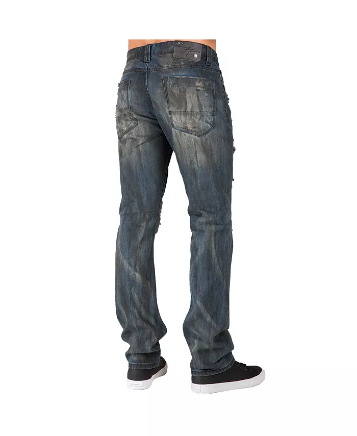 Men's Dark Tint Destroyed & Mended Slim Straight Premium Jeans - thumbnail 3