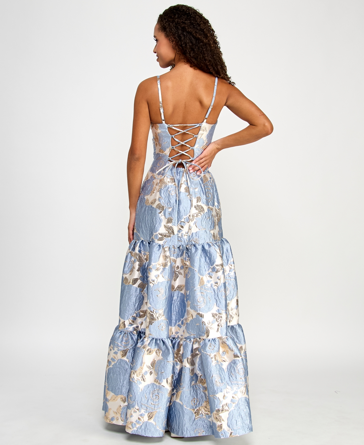 Violet Weekend Juniors' Floral Sweetheart-neck Tiered Gown In Blue Multi