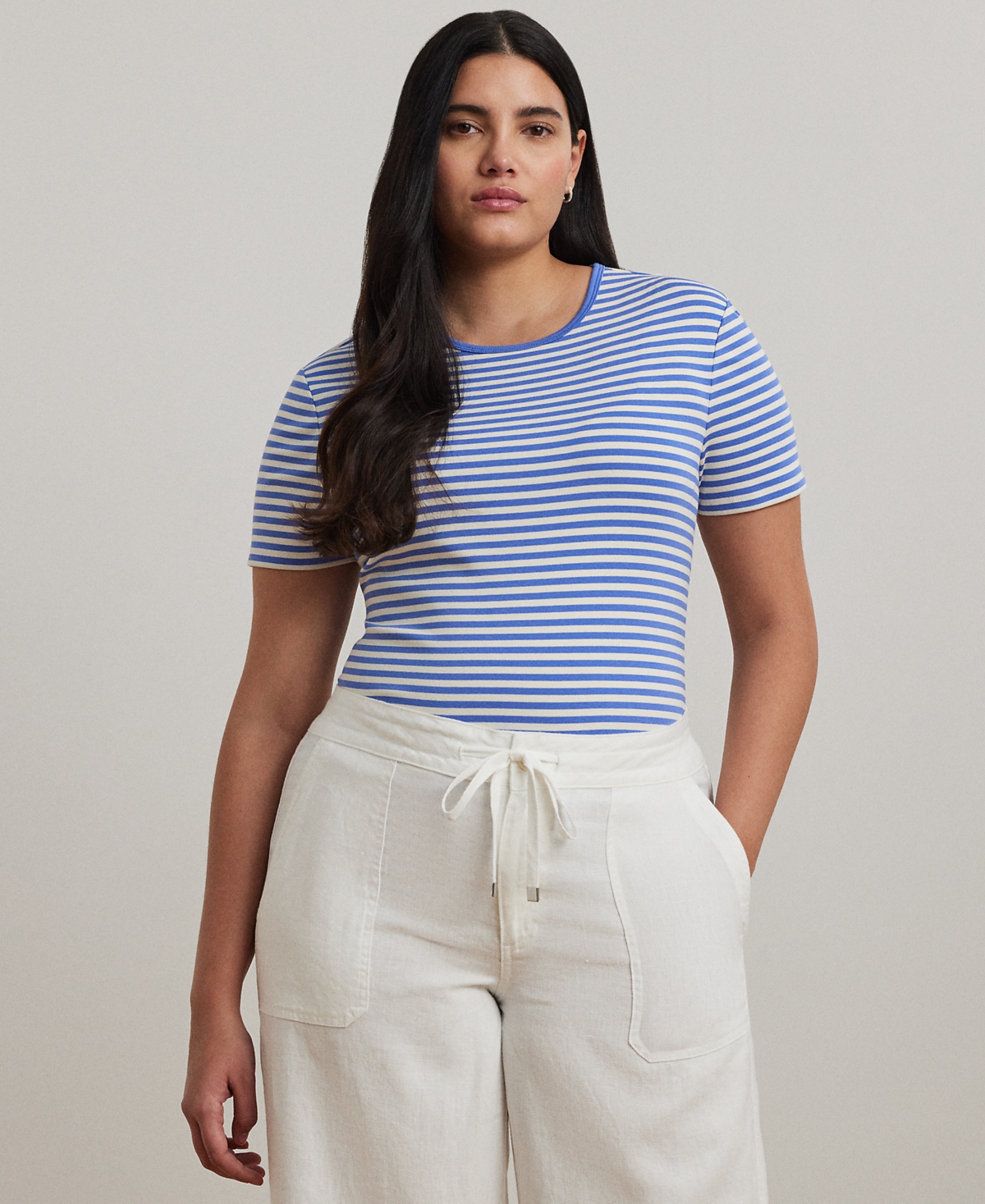 Shop Ralph Lauren Plus Size Striped Stretch Cotton Crewneck Tee In Soft Lazuli Mascarpone Cream