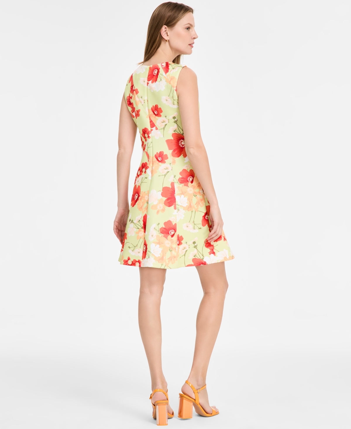 Vince Camuto Petite Printed Jewel-neck Sleeveless Dress In Green Multi
