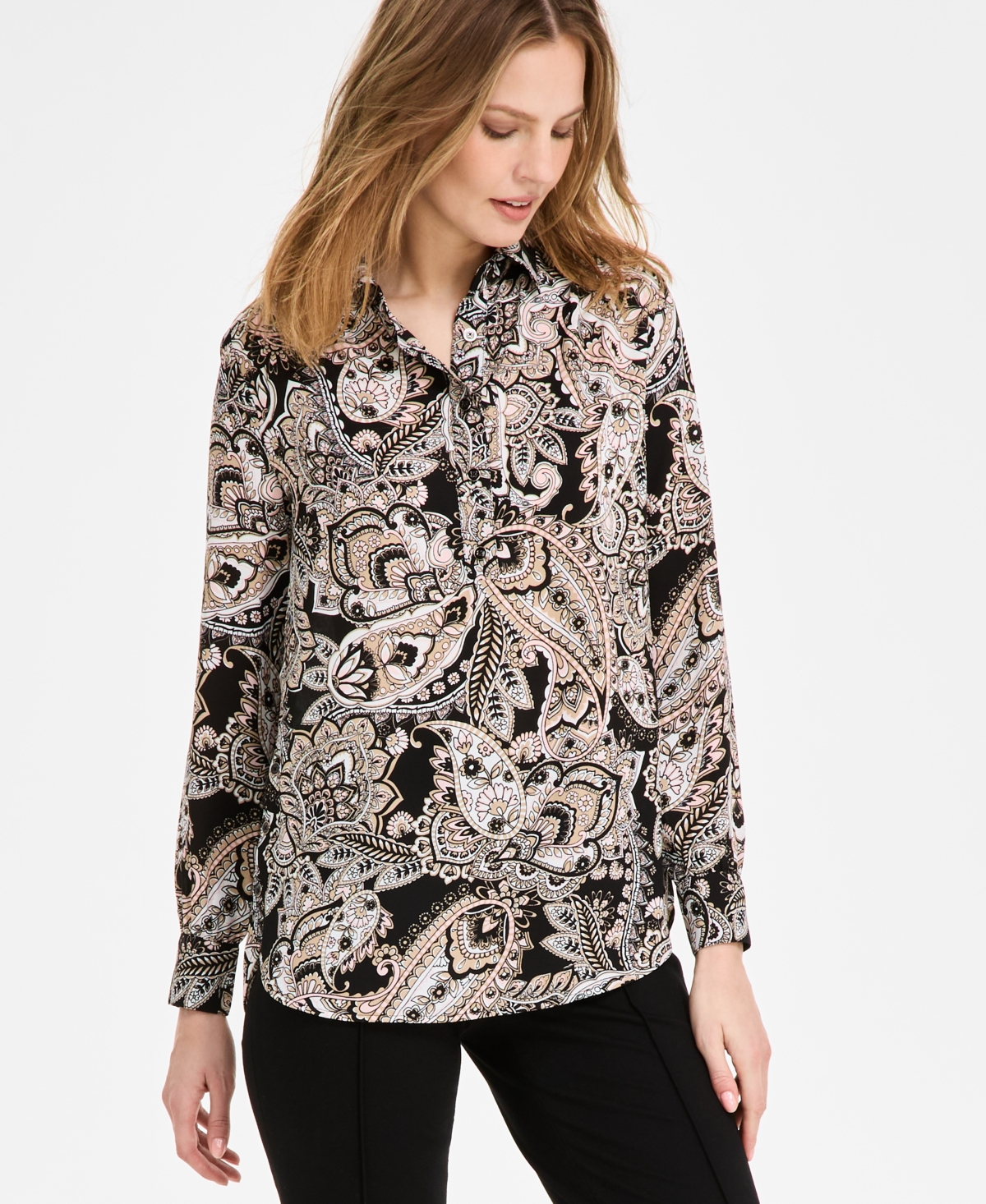 JONES NEW YORK WOMEN'S PAISLEY-PRINT SIDE-BUTTON TUNIC TOP 