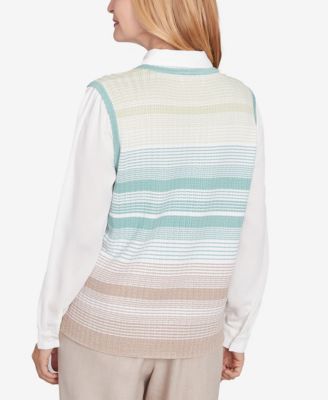 Petite Kensington Gardens Striped Vest Collared Two in One Sweater with Necklace