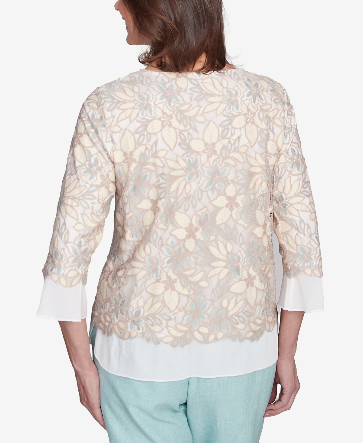 Alfred Dunner Petite Kensington Gardens Floral Lace Woven Trim Top With Necklace In Neutral Multi
