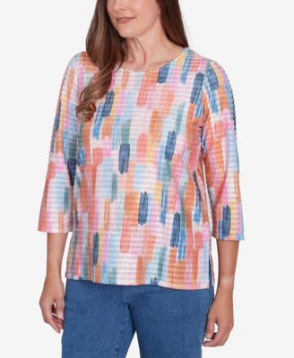Petite Free Spirit Mini Ruffle Brushstroke Crew Neck Top