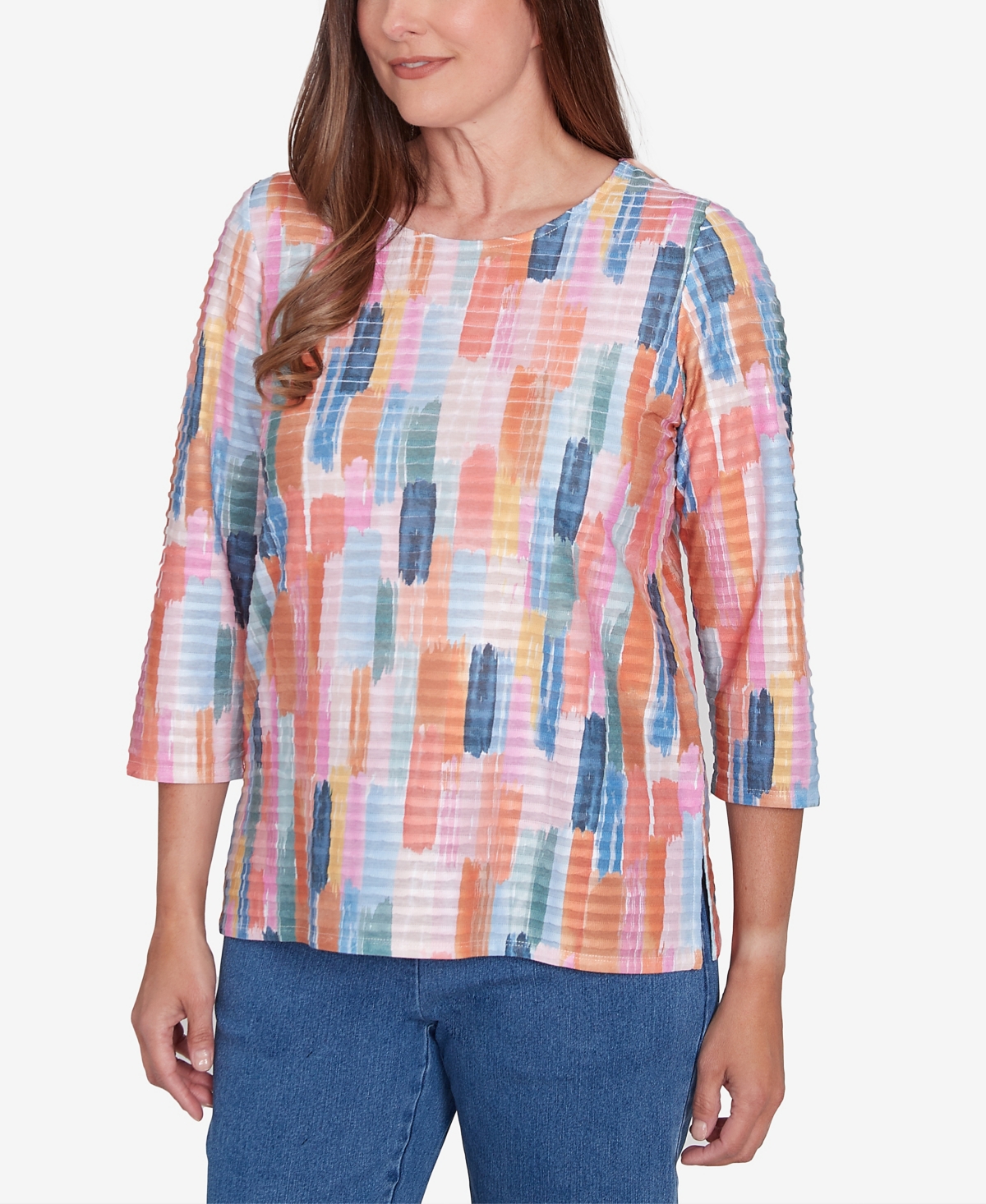 Alfred Dunner Plus Size Free Spirit Mini Ruffle Brushstroke Crew Neck Top In Coral