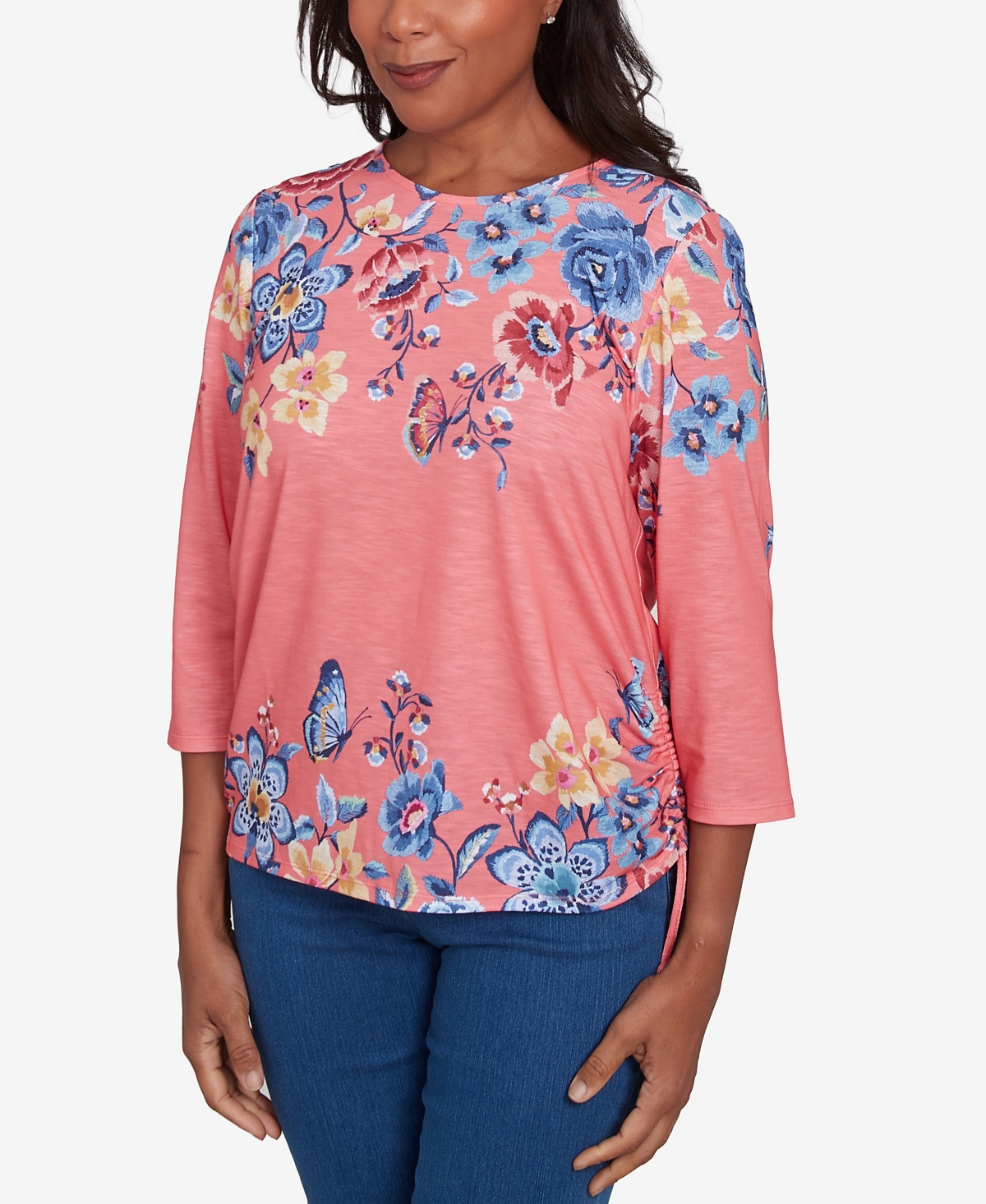 Alfred Dunner Petite Free Spirit Floral Crew Neck Knit Top In Coral