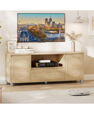 Rattan TV Stand for 65 Inch TV - Entertainment Center with Storage Drawer and Open Shelf Wood TV Stand Cabinet TV Media Console Cabinet Furniture for Living Room Bedroom
