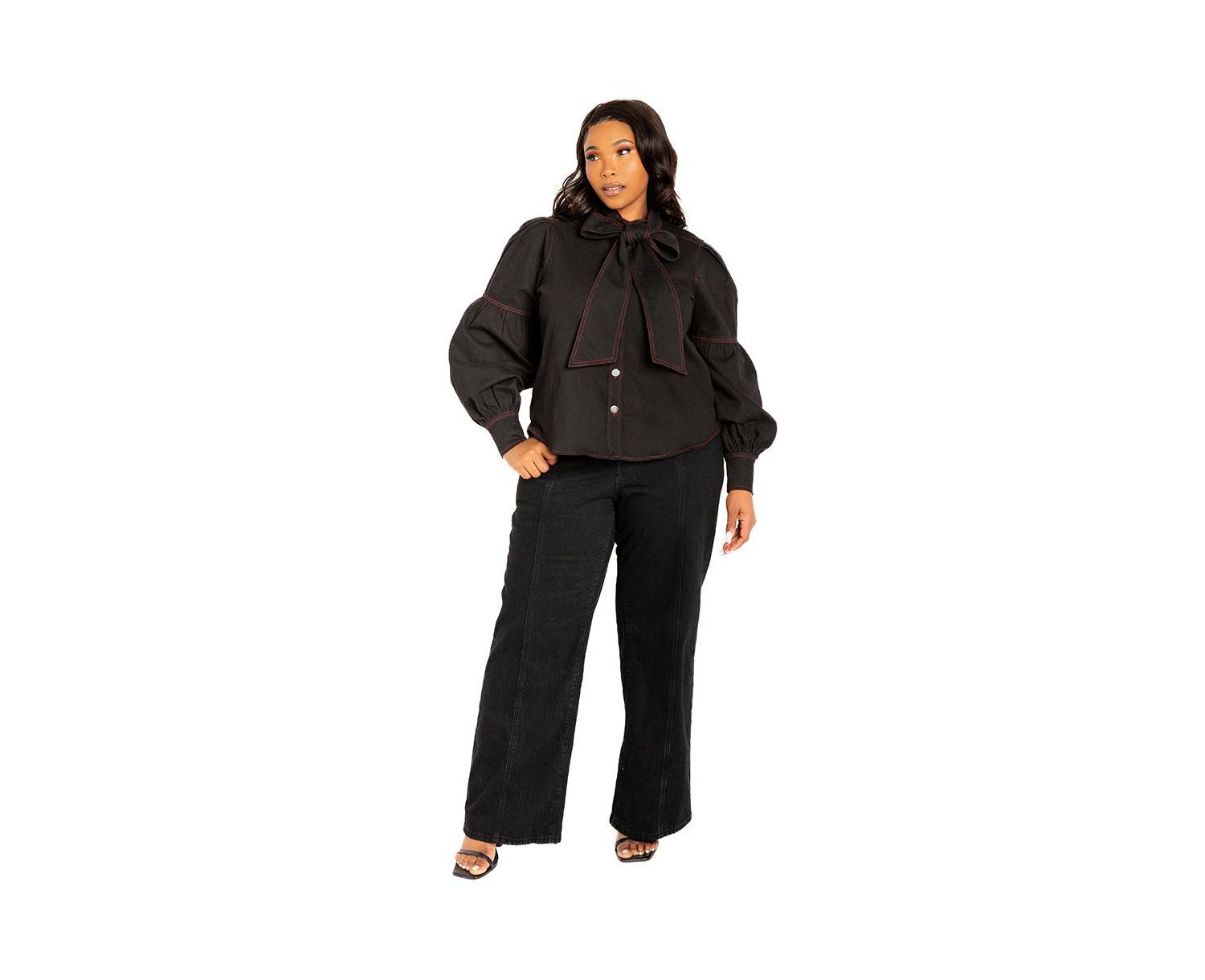 Women's Plus Size Bow Neck Puff Sleeve Denim Blouse