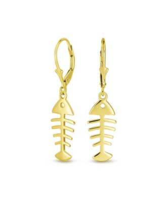 Nautical Fishbone Dangle Earrings 14K Gold Plated Sterling Silver Leverback