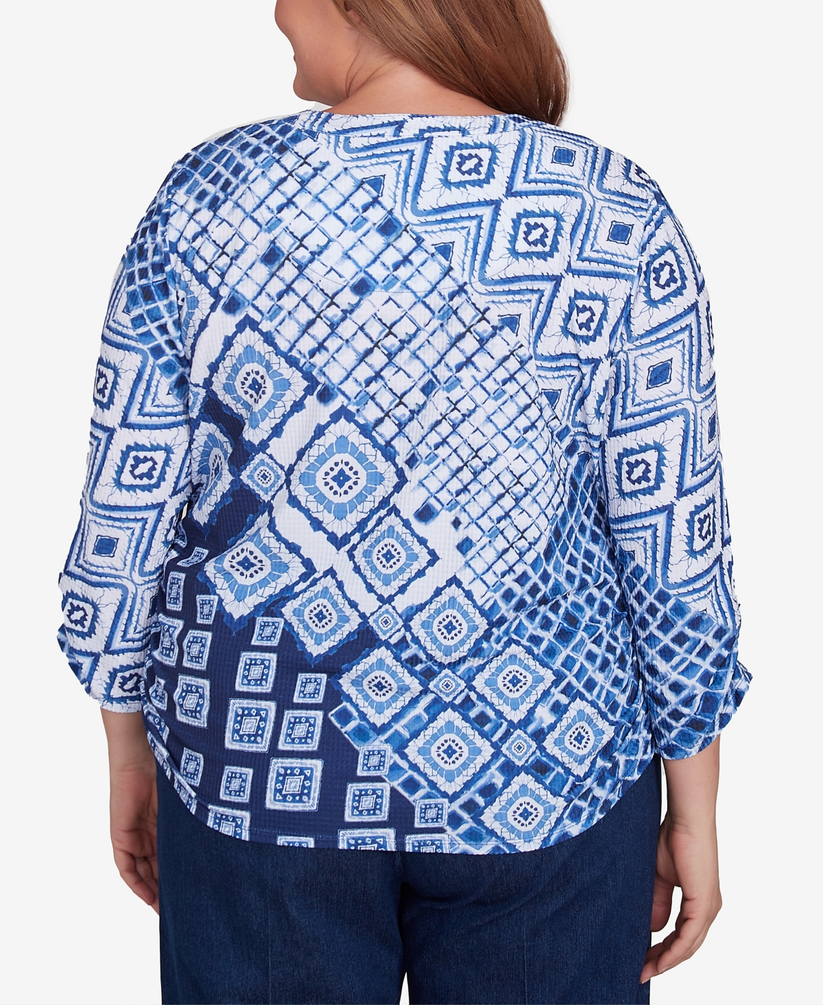 Alfred Dunner Plus Size Free Spirit Ikat Patched Geometric Top In Navy Multi