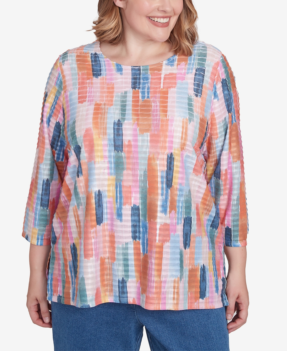 Alfred Dunner Plus Size Free Spirit Mini Ruffle Brushstroke Crew Neck Top In Multi