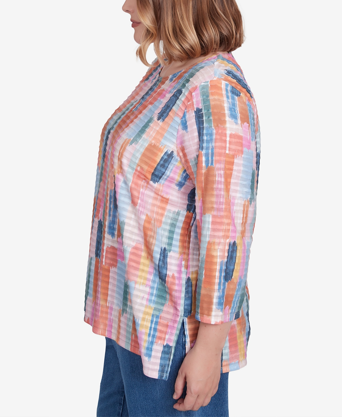 Alfred Dunner Plus Size Free Spirit Mini Ruffle Brushstroke Crew Neck Top In Multi