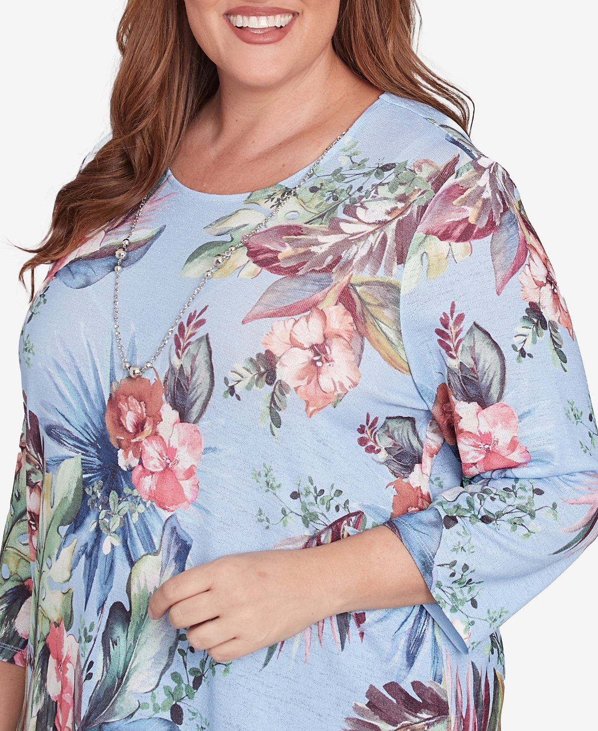 Alfred Dunner Plus Size Free Spirit Tropical Print Knit Top With Necklace In Light Blue