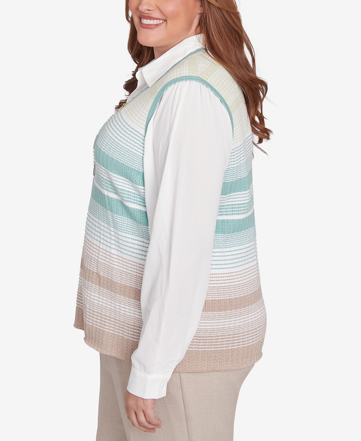 Alfred Dunner Plus Size Kensington Gardens Striped Vest Collared Two In One Sweater With Necklace In Neutral Multi