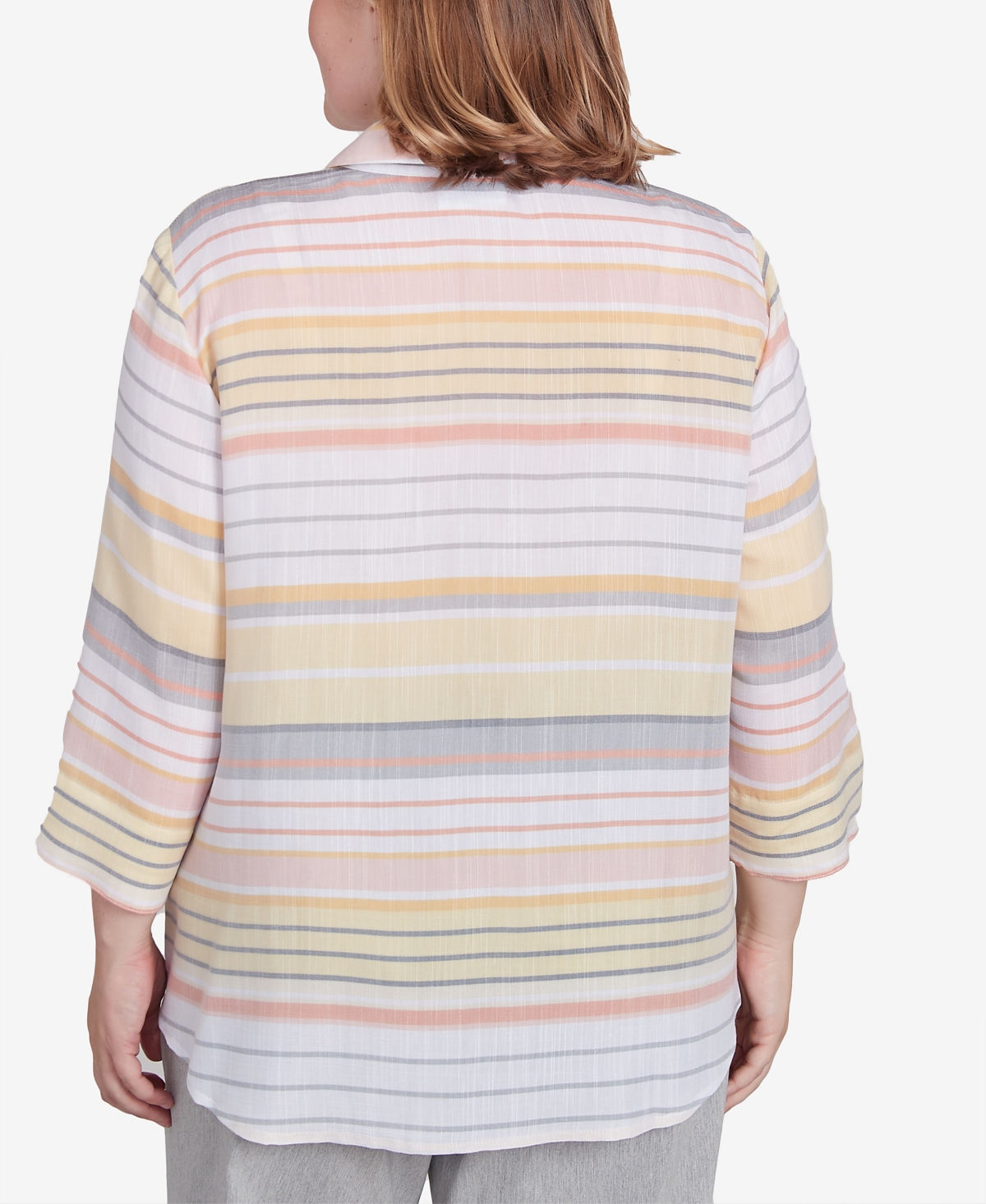Alfred Dunner Plus Size Dress Code Button Down Striped Cuffed Sleeve Top In Multi Yellow