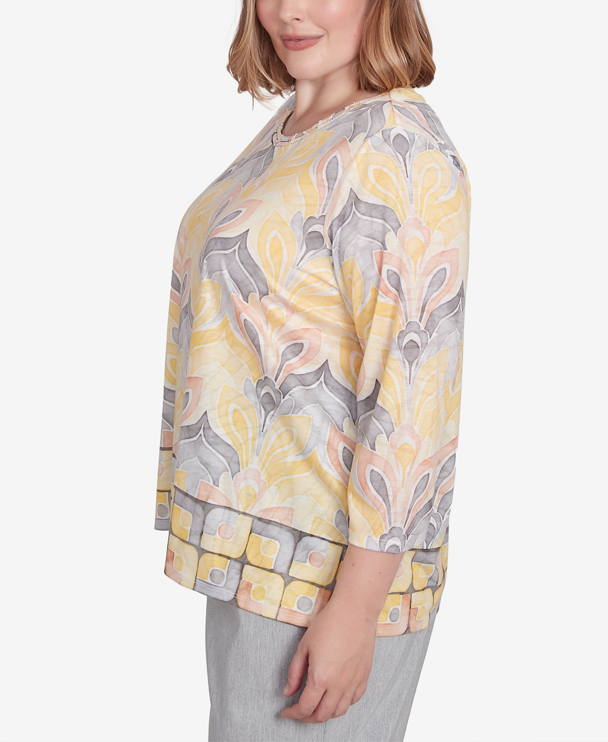 Alfred Dunner Plus Size Dress Code Geometric Medallion Crewneck Top In Multi Yellow