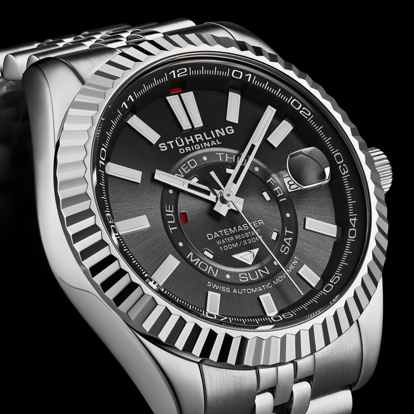 Мужские швейцарские автоматические часы Stuhrling Datemaster II, 42 мм, чёрный циферблат — фото 2