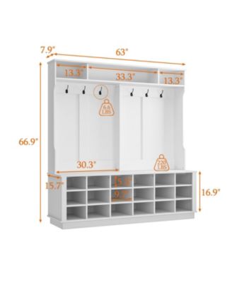 63 in. W White Wood 3-in-1 Hall Tree Coat Rack Shoe Storage Bench with 6-Metal Double Hooks, Shoe Rack and Shelves