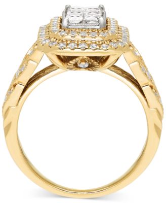 Diamond Emerald Shaped Double Halo Cluster Ring (1 ct. t.w.) in 14k Two-Tone Gold