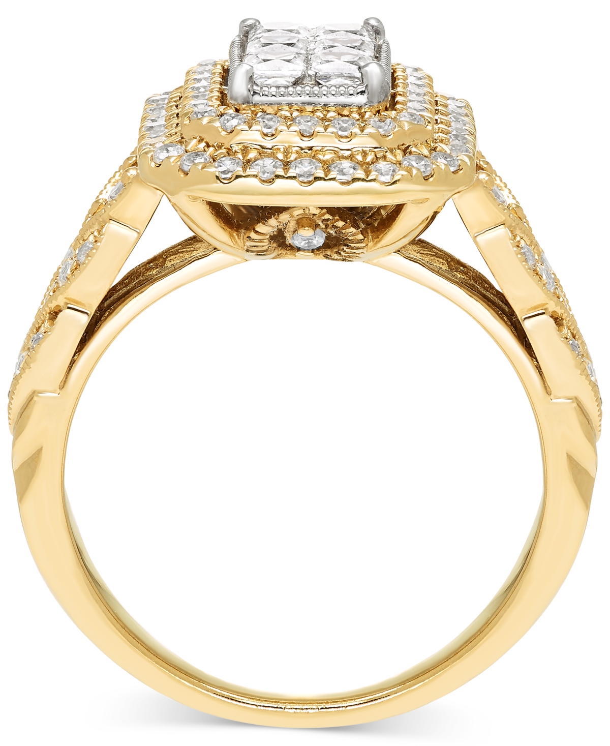 Macy's Diamond Emerald Shaped Double Halo Cluster Ring (1 Ct. T.w.) In 14k Two-tone Gold In Two Tone Gold