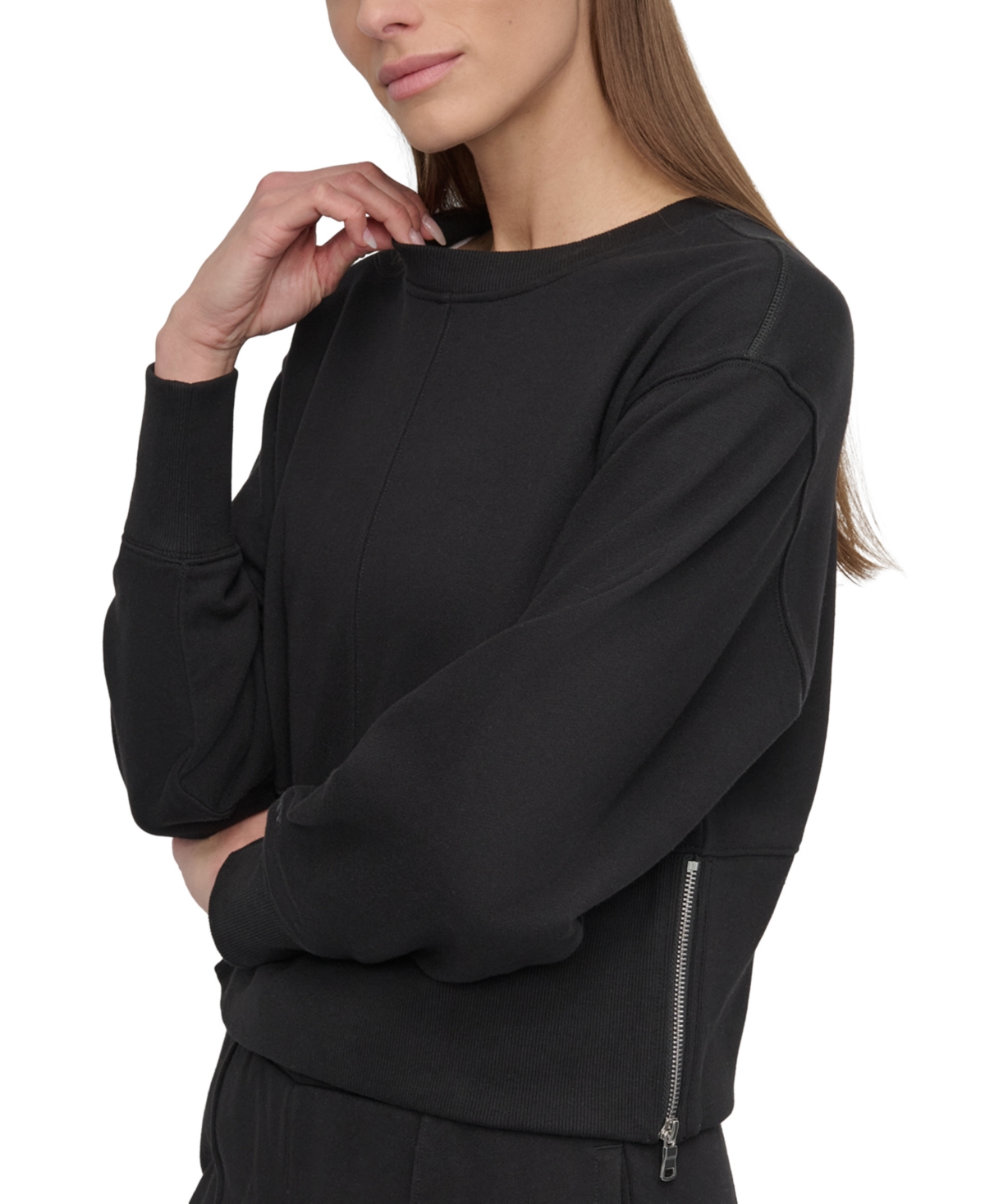 Dkny Sport Women's Cropped Crewneck Side-zip Sweatshirt In Black