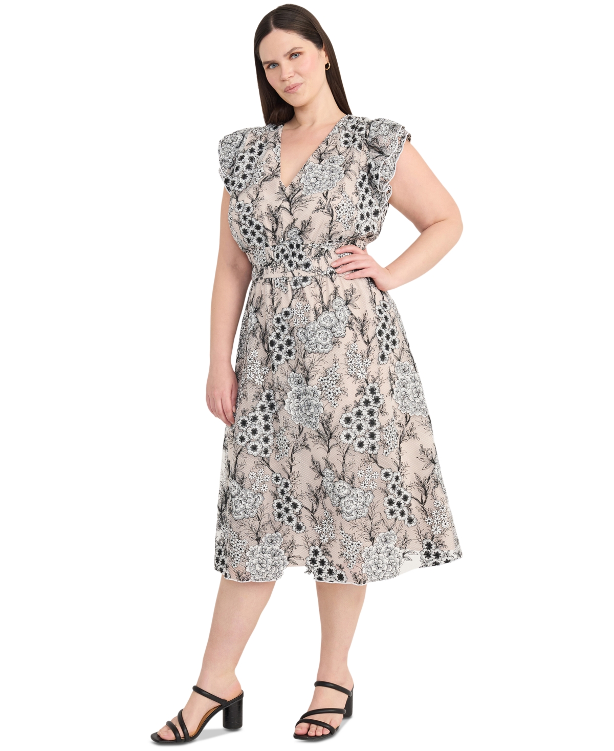 Plus Size Chiffon Embroidered Ruffled-Sleeve Dress - Black/Ivory