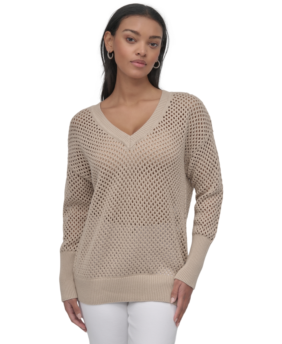 DKNY JEANS WOMEN'S COTTON OPEN-KNIT V-NECK SWEATER 