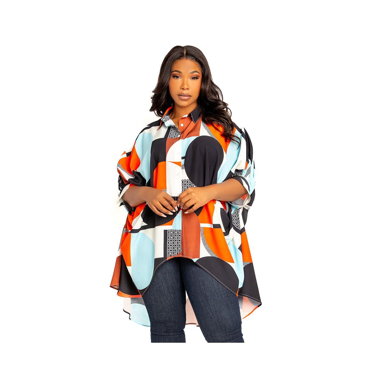 Women's Plus Size Geometric Print Flowy Hi-lo Blouse - Multi