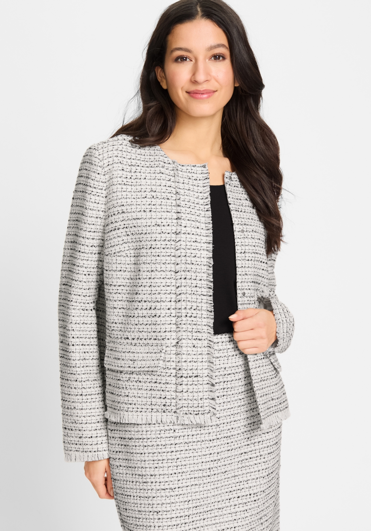 Women's Collarless Tweed Jacket - Canvas beige