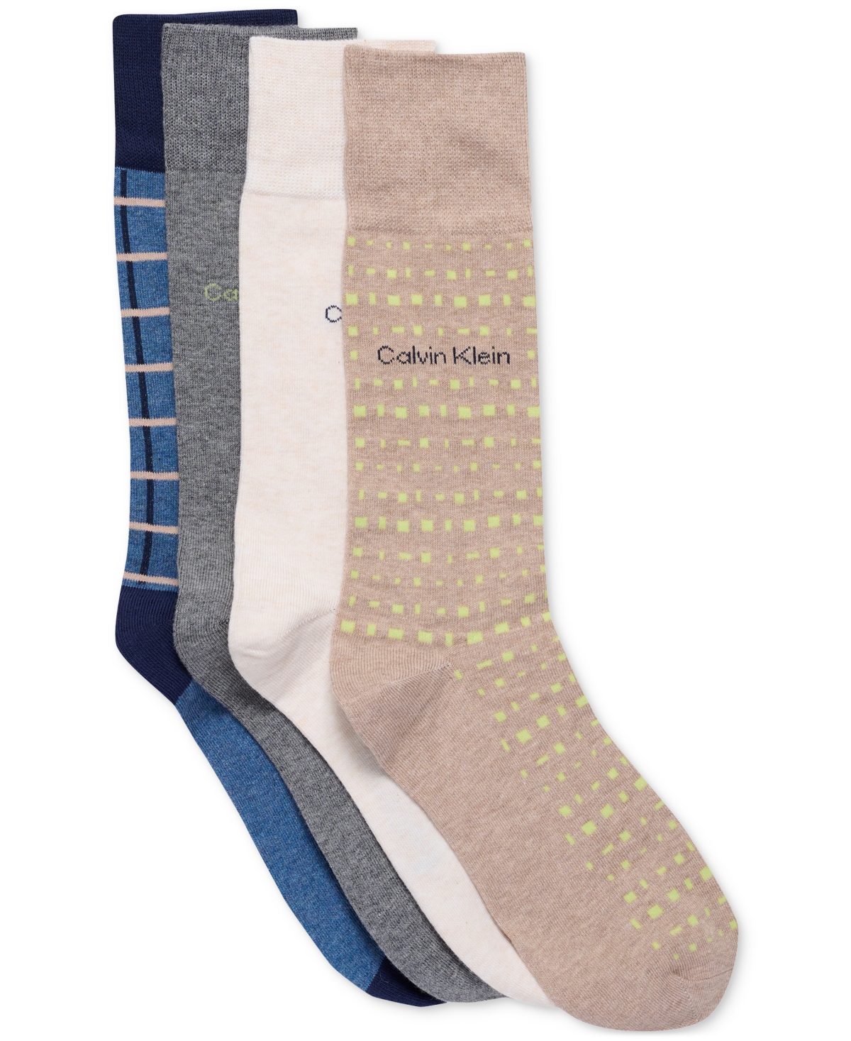 Men's Crew Length Dress Socks, Assorted Patterns, Pack of 4 - Beige Heather Assorted