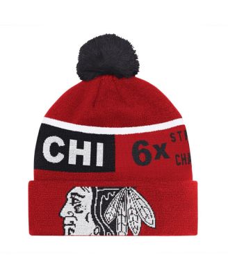 Starter - Men's Red Chicago Blackhawks Chyron Commemorative Cuffed Knit Hat with Pom