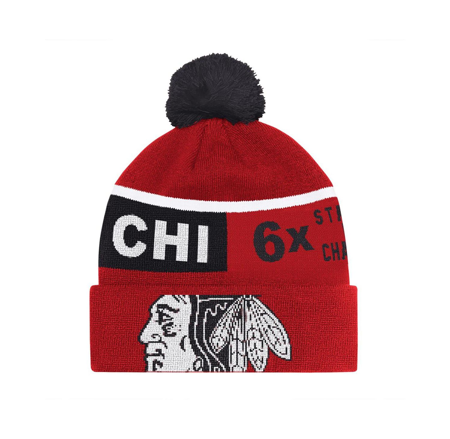 Men's Red Chicago Blackhawks Chyron Commemorative Cuffed with Pom Knit Hat