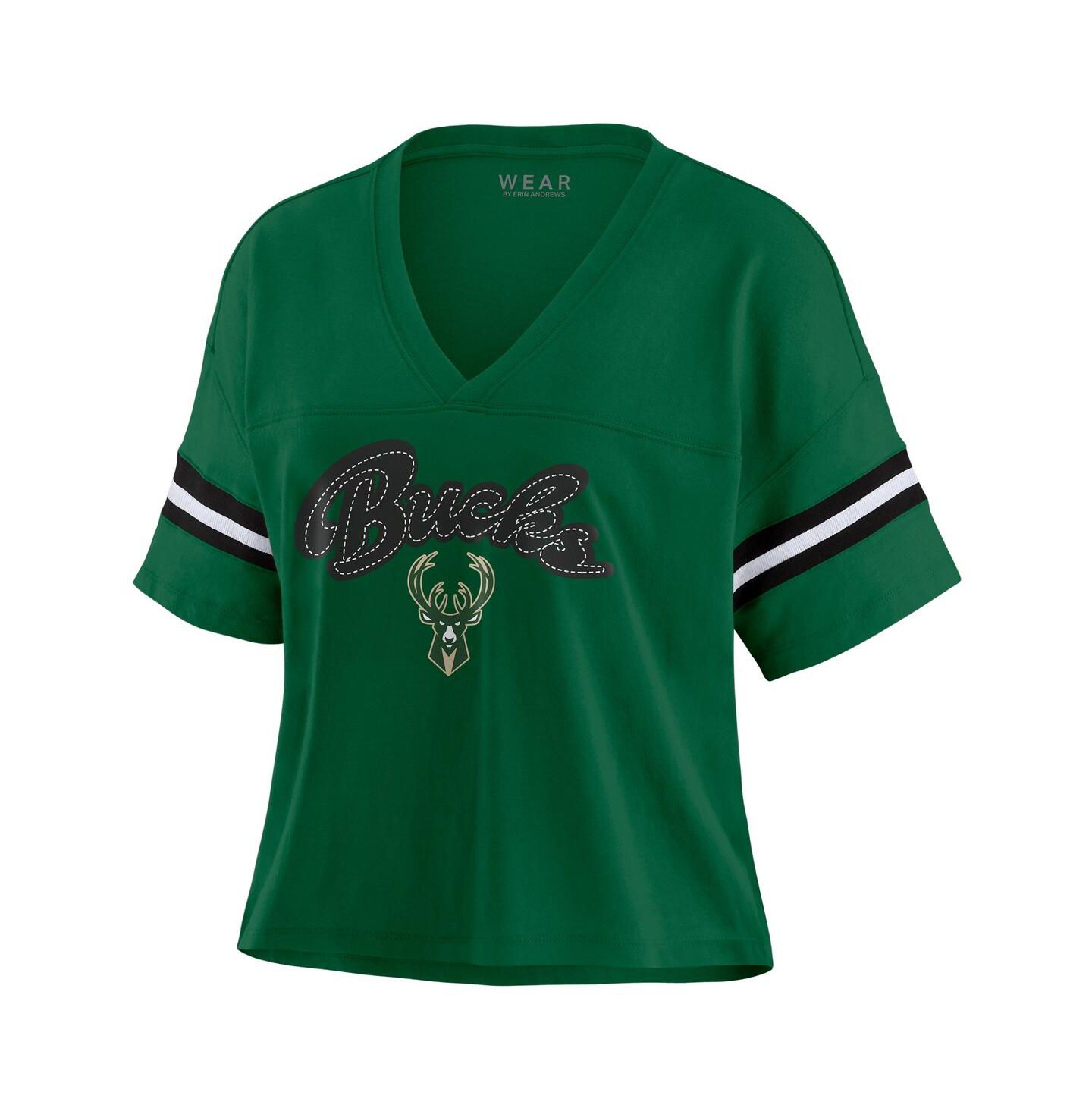 Женская футболка WEAR by Erin Andrews Hunter Green Milwaukee Bucks Plus Size Color Block Boxy V-Neck — фото 2