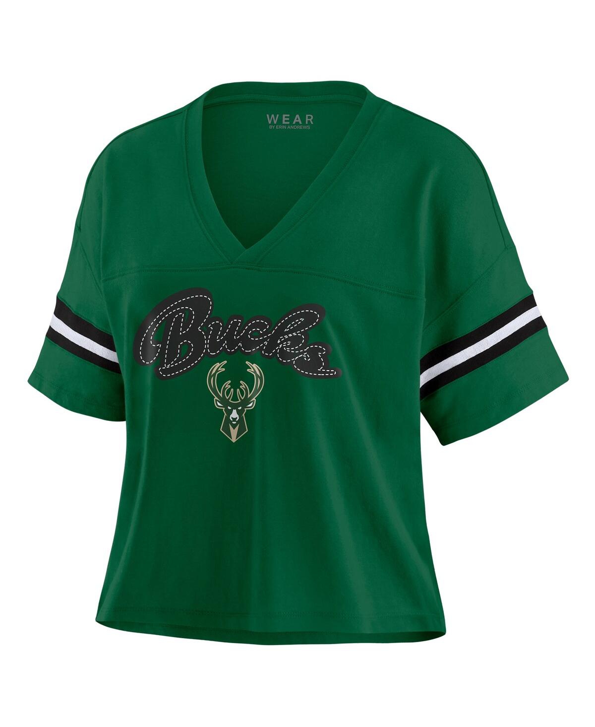 Wear By Erin Andrews Women's Hunter Green Milwaukee Bucks Plus Size Color Block Boxy V-neck T-shirt In Hunter Green