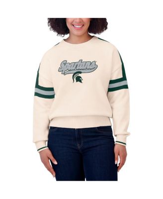 Women's Cream Michigan State Spartans Chenille Woven Patch Stripe Pullover Sweater