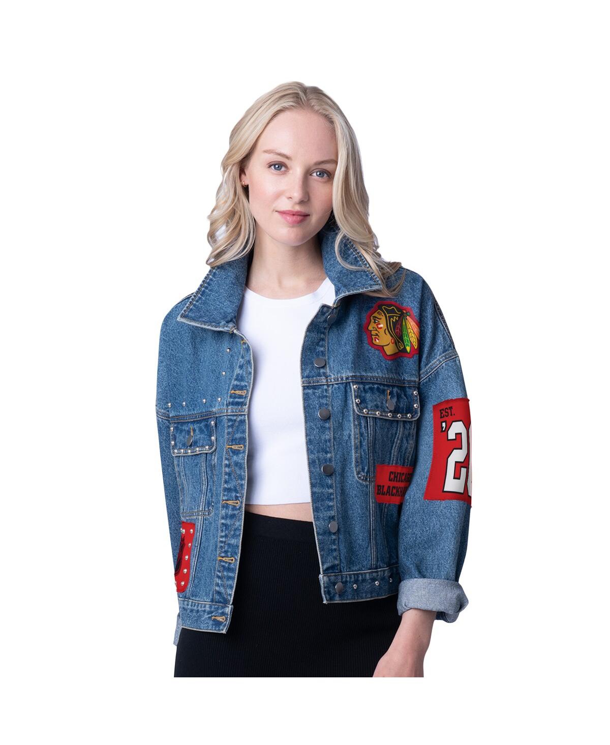 Women's Chicago Blackhawks Game Ball Cropped Button-Up Denim Jacket - Denim