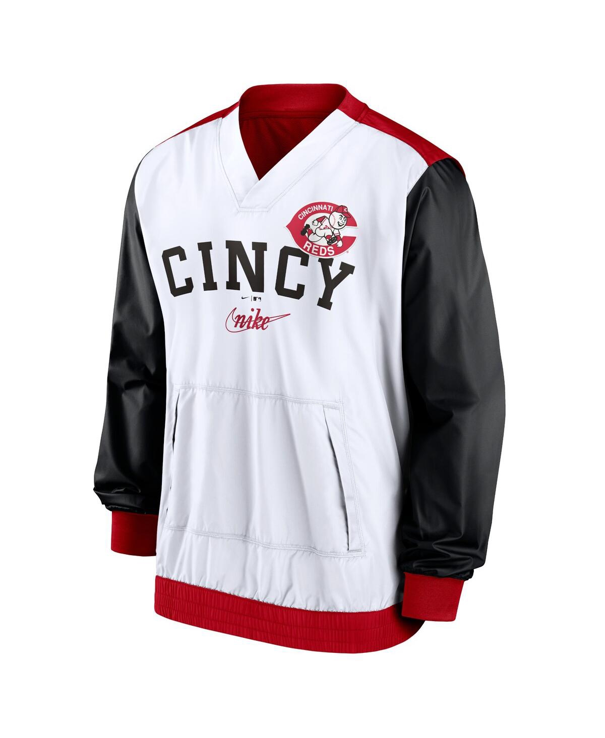 NIKE MEN'S WHITE/RED CINCINNATI REDS REWIND WARMUP V-NECK PULLOVER JACKET
