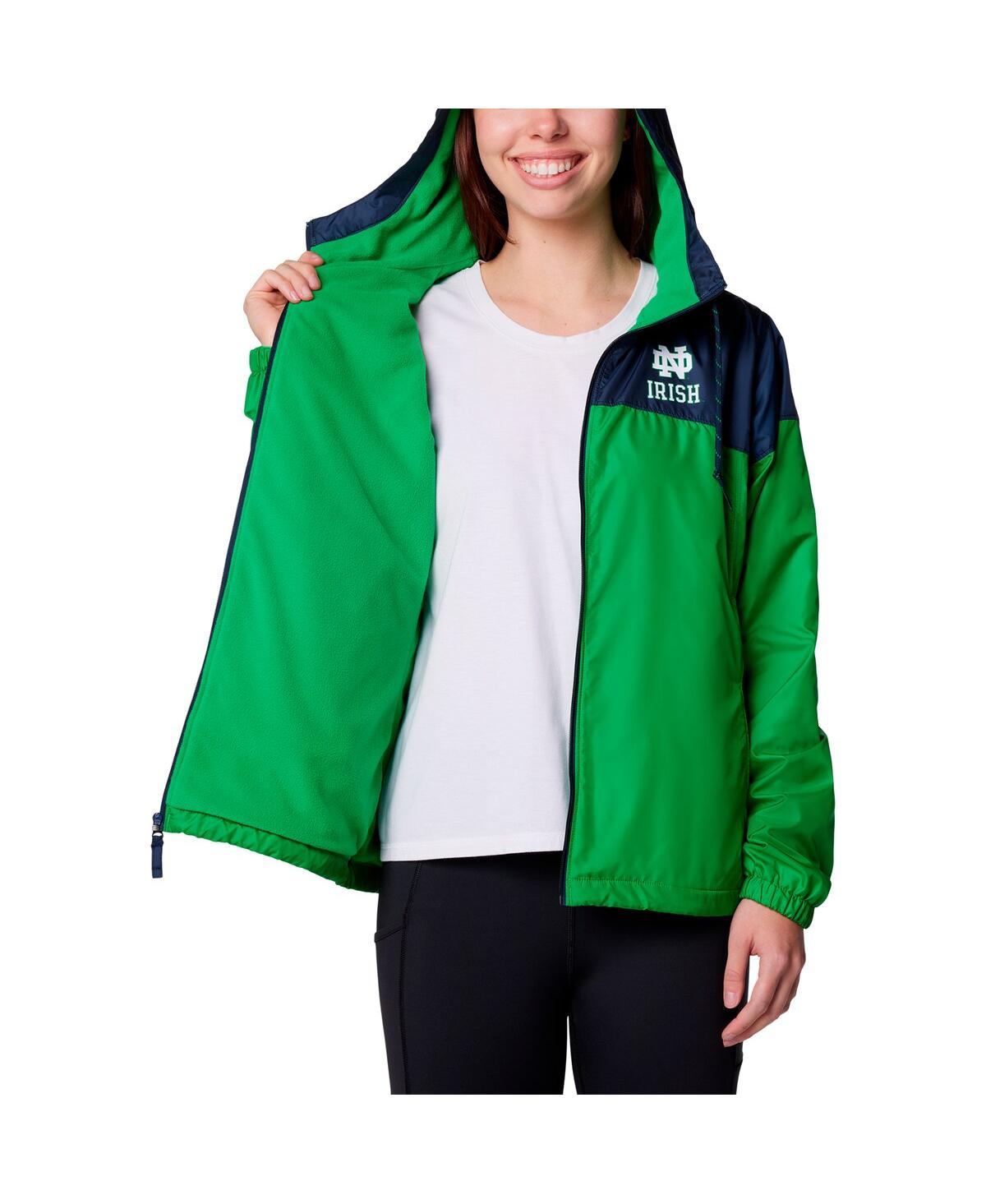 COLUMBIA WOMEN'S NAVY/GREEN NOTRE DAME FIGHTING IRISH FLASH FORWARD FULL-ZIP HOODIE WINDBREAKER JACKET 
