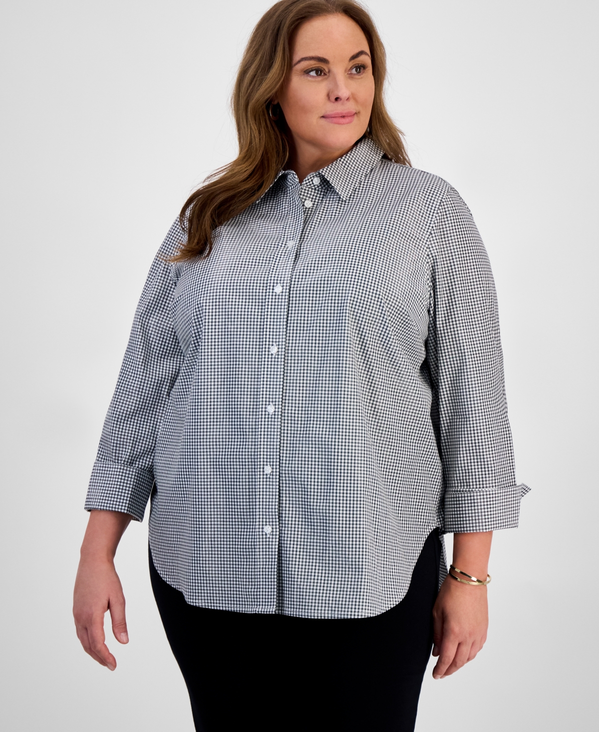 Plus Size Gingham Button-Up 3/4-Sleeve Shirt - Winter White/black