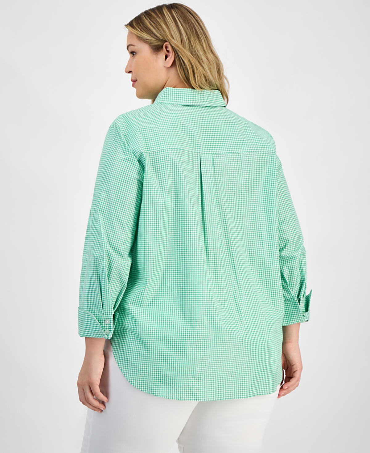 Kasper Women's Gingham Button-front 2/3-sleeve Shirt In White,apple Green