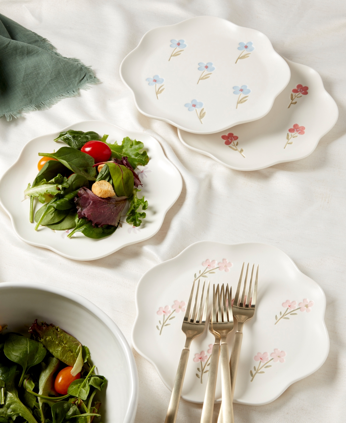 Haven Floral Scalloped Salad Plates, Set Of 4 In White With Floral Debossed