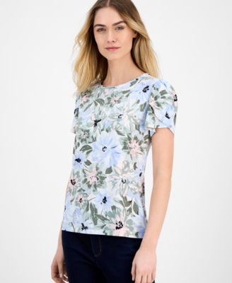 AK Anne Klein - Women's Printed Crewneck Tulip-Sleeve T-Shirt