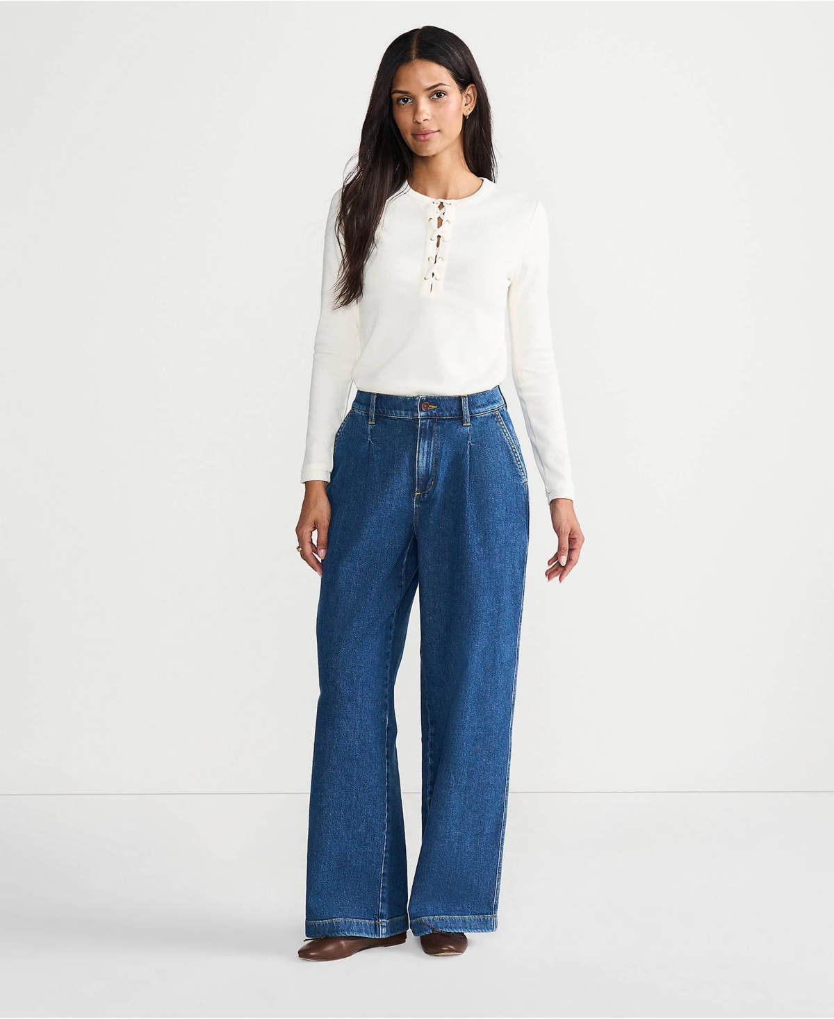 Lands' End Women's High Rise Soft Denim Pleated Wide Leg Trousers