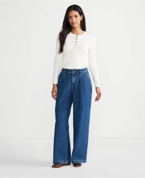 Petite High Rise Soft Denim Pleated Wide Leg Trousers - Indigo tide blue