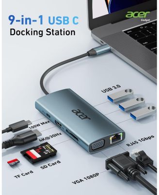 USB C Hub with 4k HDMI, 9-in-1 USB C to Ethernet Adapter, 5Gbps USB-A 3.0 Docking Station, PD 100W Charging, SD Card Reader, USB to VGA Splitter for MacBook, acer, Laptops, Surface and More