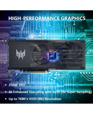 | Predator BiFrost Intel Arc A750 Overclocking Graphics Card | 8GB GDDR6 256-bit 16 Gbps | Dual Fan Hybrid Cooling and Vapor Chamber | TPD 250W | 1 x HDMI 2.0 & 3 x DisplayPort 2.0
