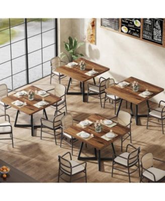 Square Dining Table Set of 6, Industrial Dinner Table with Metal Base, Wood Kitchen Table for 10 People, Brown Bar Table for Restaurants, Kitchens, Coffee Shops, Bistros and Offices