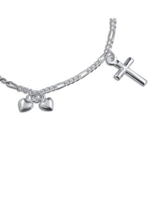 Christian Religious Multi Dangling Hearts Cross Charm Bracelet Polished .925 Sterling Silver