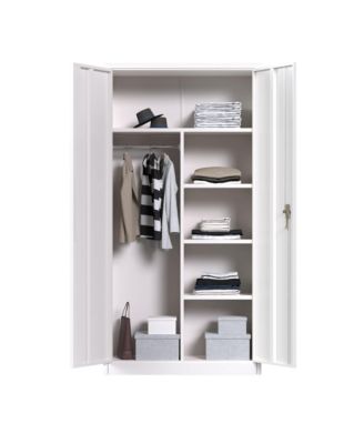 Metal Storage Cabinet with 3 Adjustable Shelves and 1 Cloth Rail, White